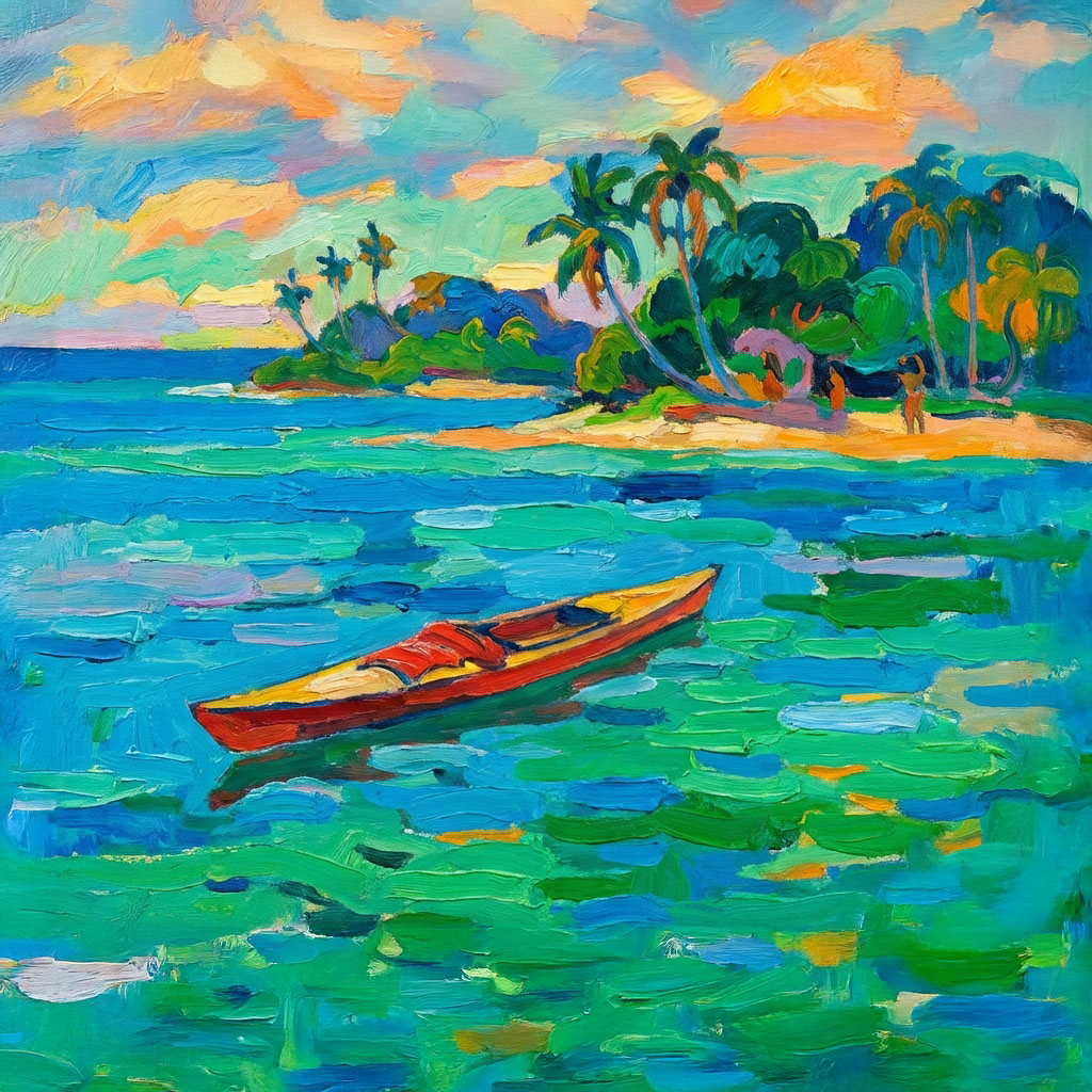 Gauguin style painting of a sea kayak floating on the sea